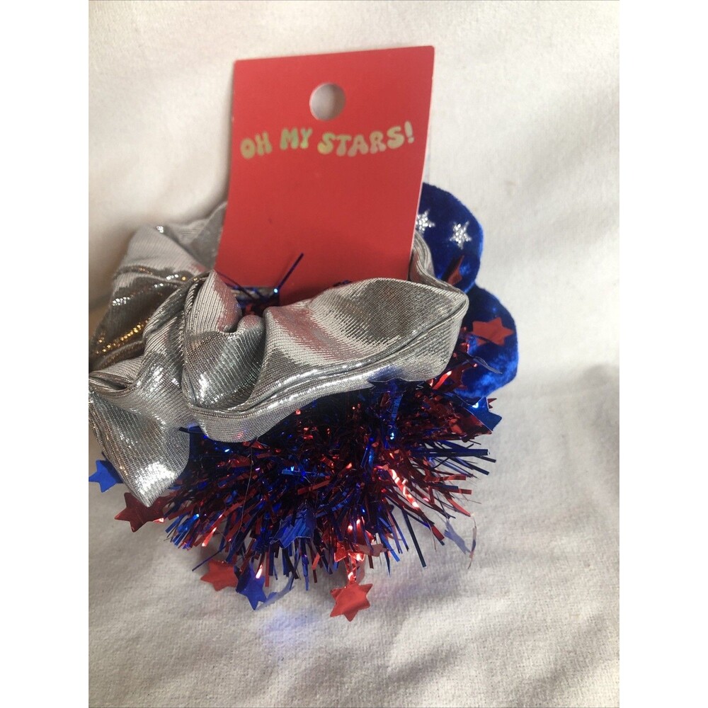 Oh My Stars Hair Scrunchie Set Red & Blue Tinsel, Silver, Blue W/stars. CUTE